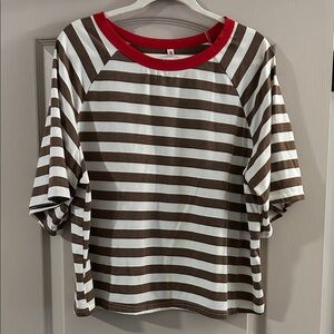 Casual Brown and White Striped Tee with Red Neckline
